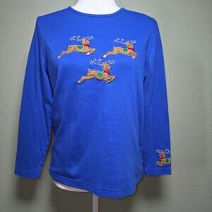 Mercer Street Studio Womens M Royal Blue Reindeer Christmas Top